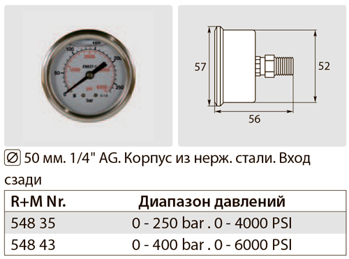 Манометр 50мм, 0-250-400 бар, 1/4